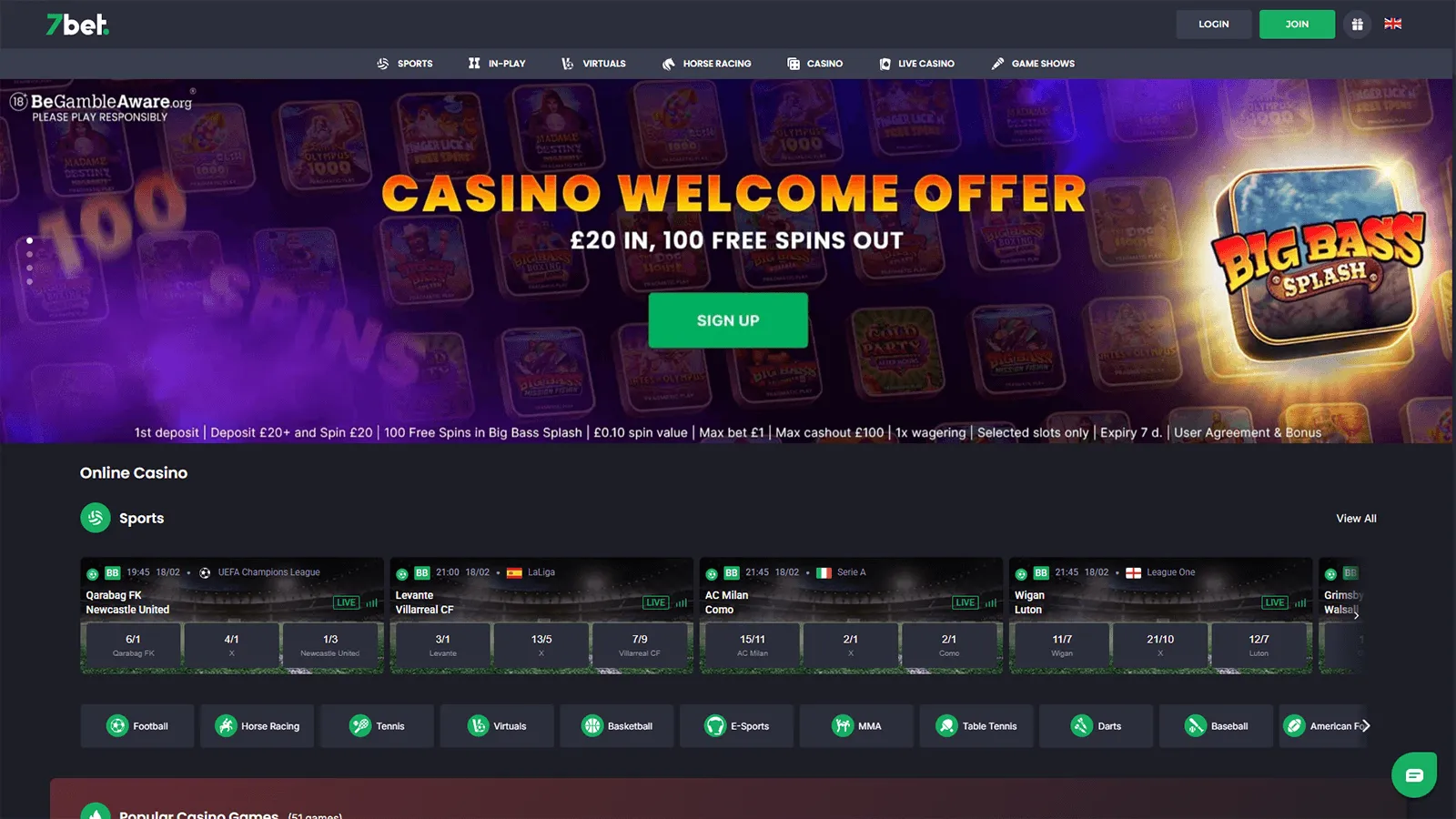 7bet Casino Homepage in UK
