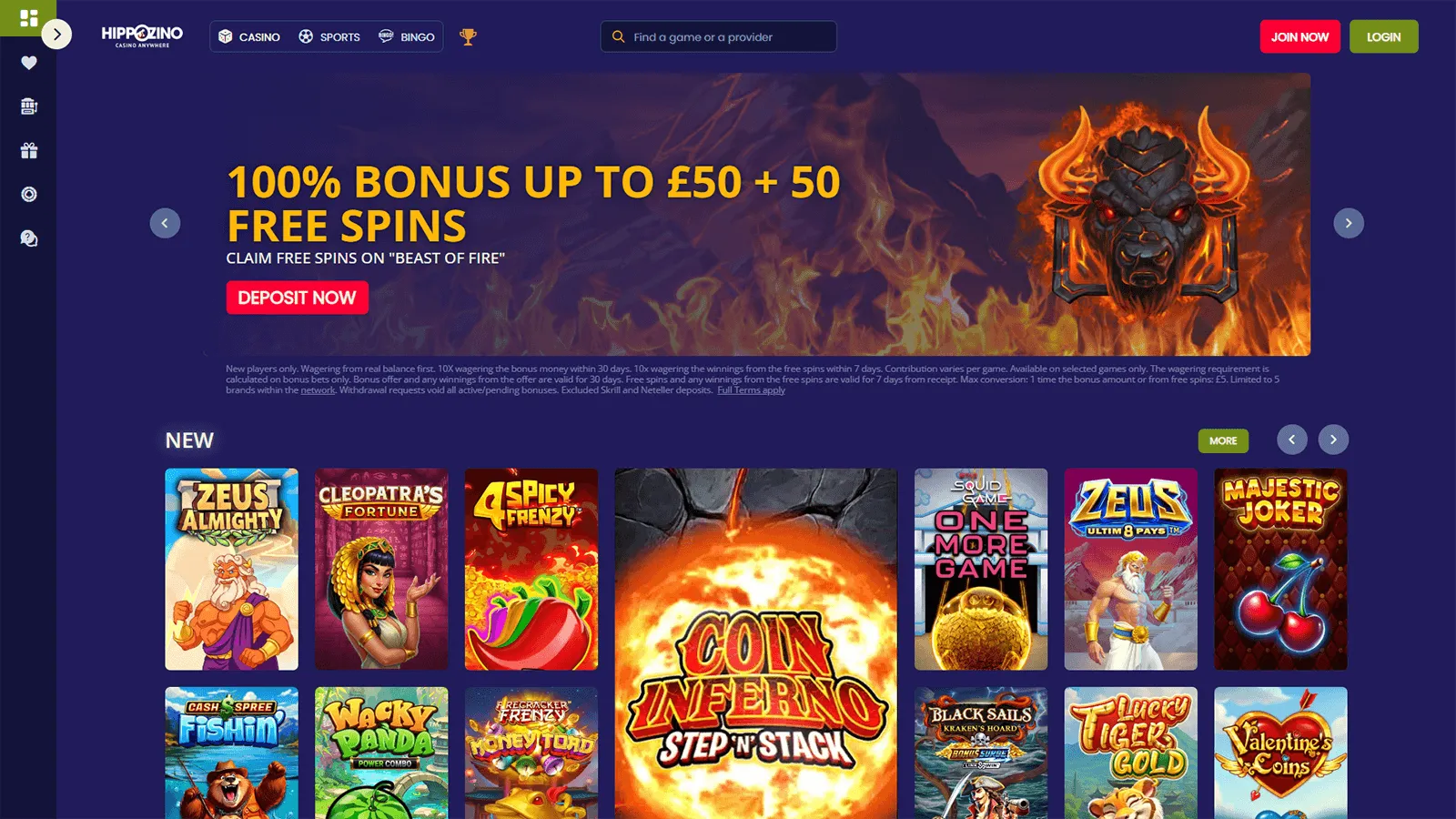 Hippozino Casino Homepage in UK