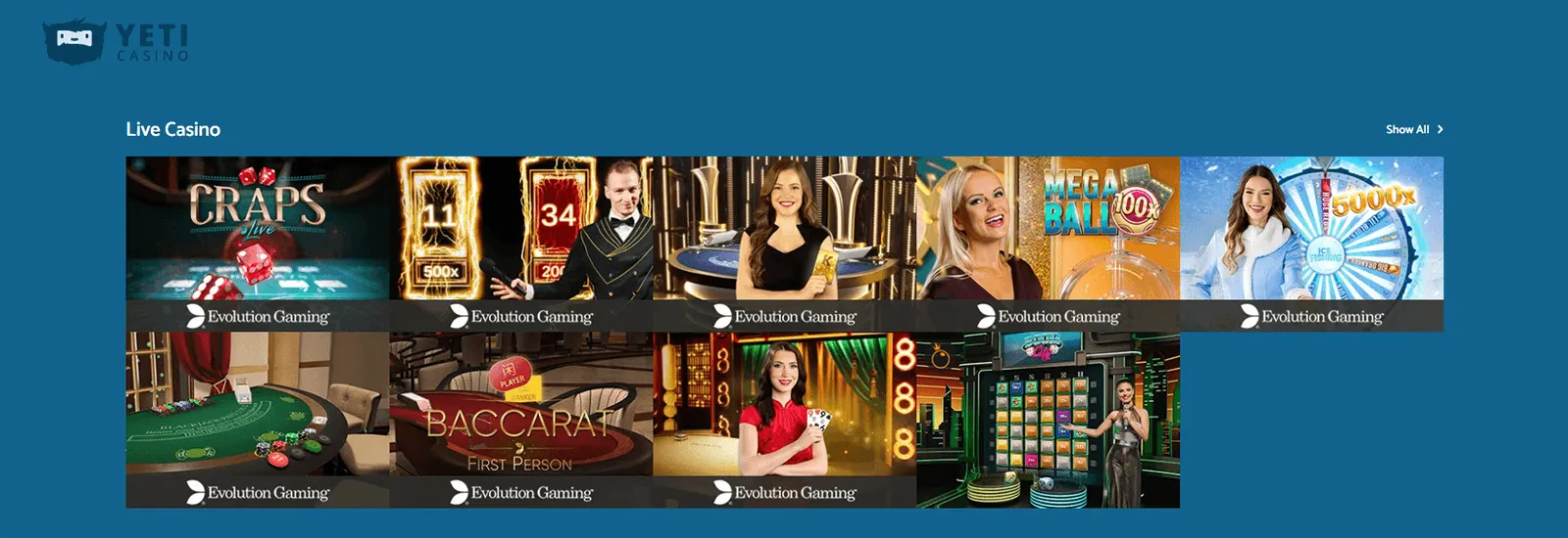 Yeti Casino Live Games Selection in UK